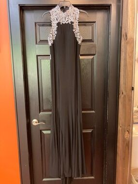 Black Evening Gown with Silver Lace Halter Neck